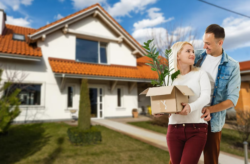 Happy couple with their new house 